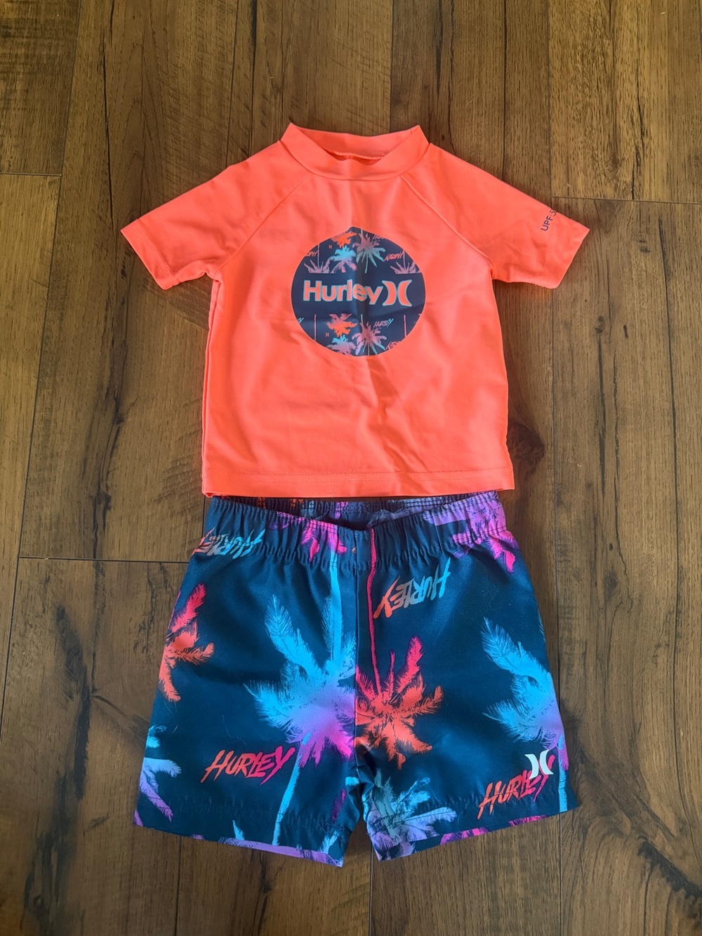 Hurley Neon Orange Rash Guard with Navy Palm-Print Swim Shorts